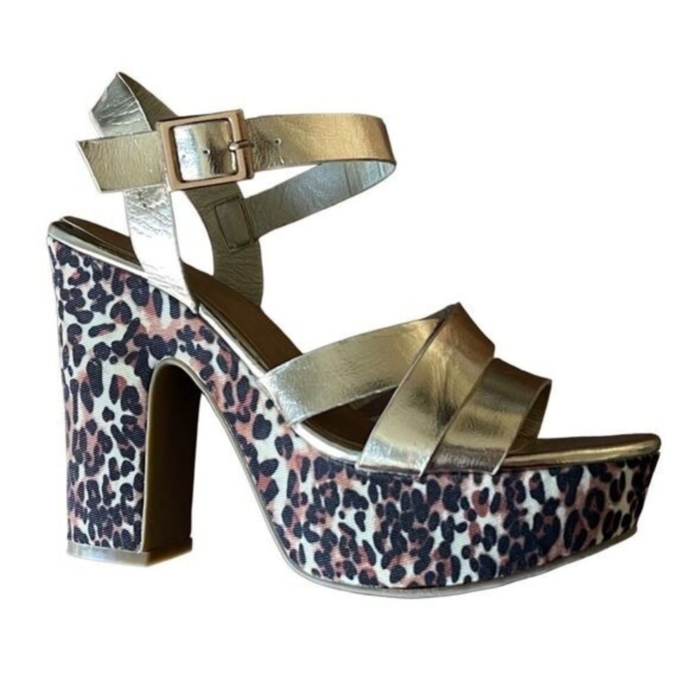 Platform Sandals Leopard Print Chunky Heel Gold Straps‎ Party Shoes